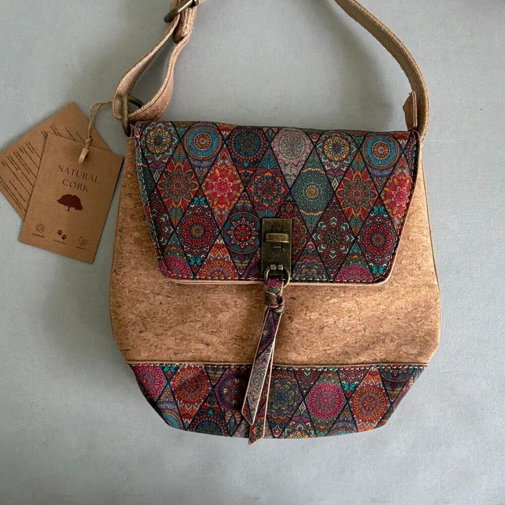 Natural Cork Crossbody Bag Portugal Boho Mandala Vegan Small Shoulder Purse New - Picture 2 of 13